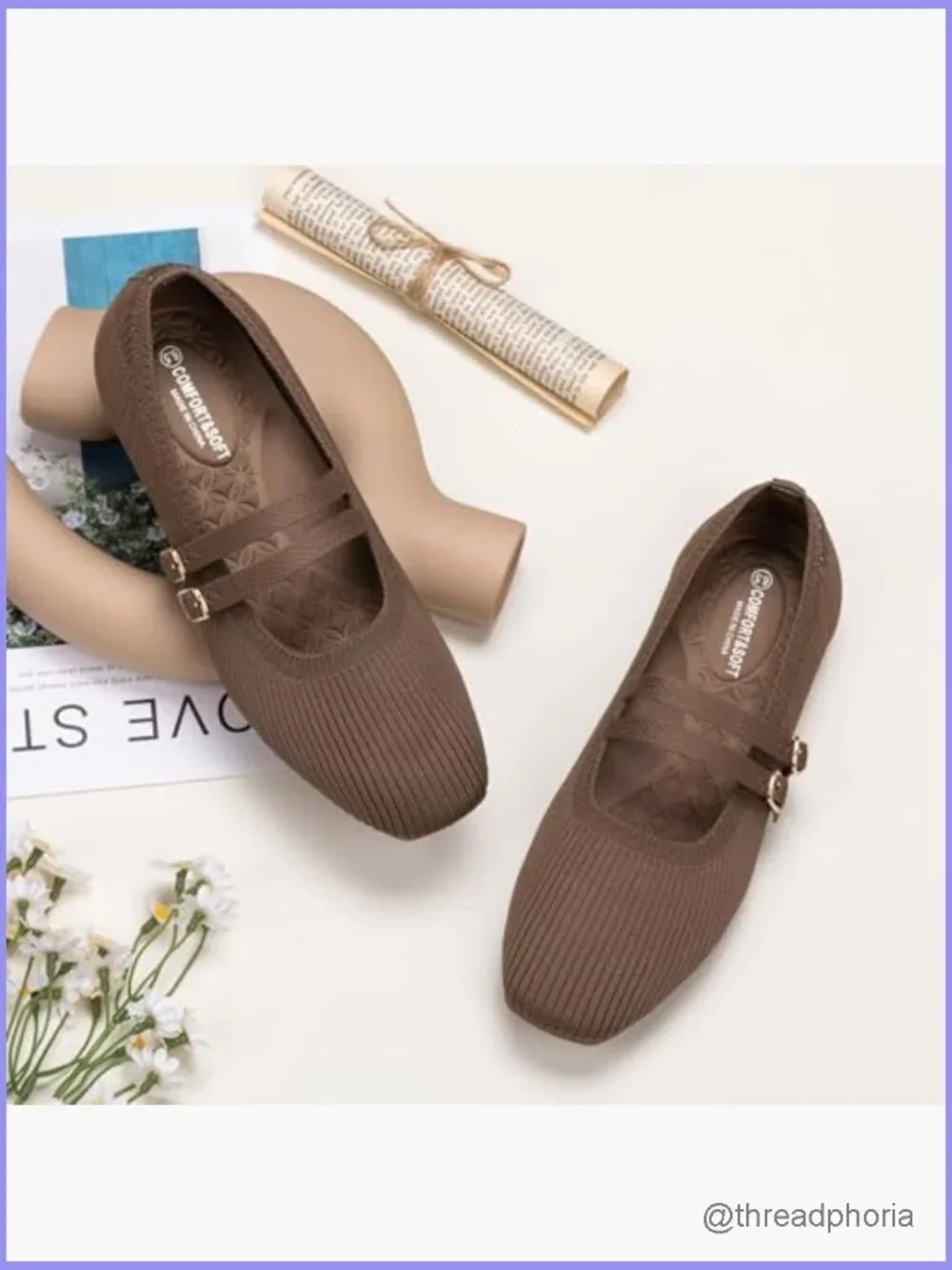 Square Toe Mary Jane Flats with Adjustable Strap Comfortable Slip On Knit Shoes